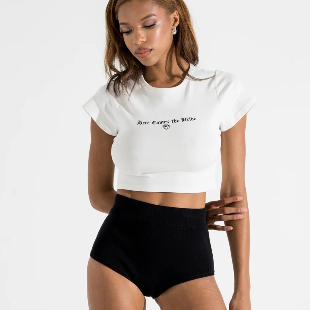 BRIDEMERCH / BHLDN "Here Comes The Bride" White/Black Size XL Baby Tee Top